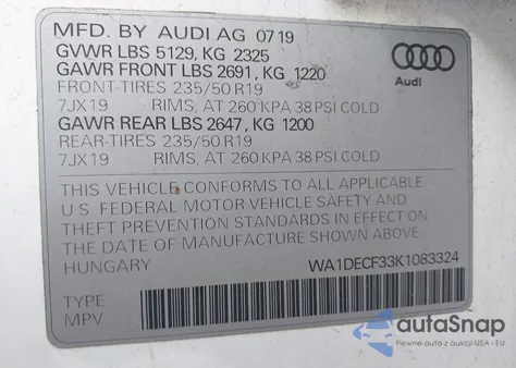 2019 Audi Q3 2.0T S Line Premium из США, поврежденный, VIN WA1DECF33K1083324